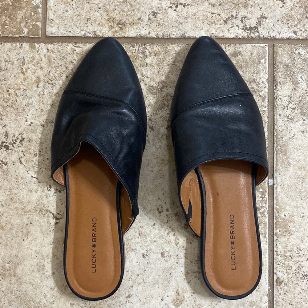 Lucky brand black leather mules